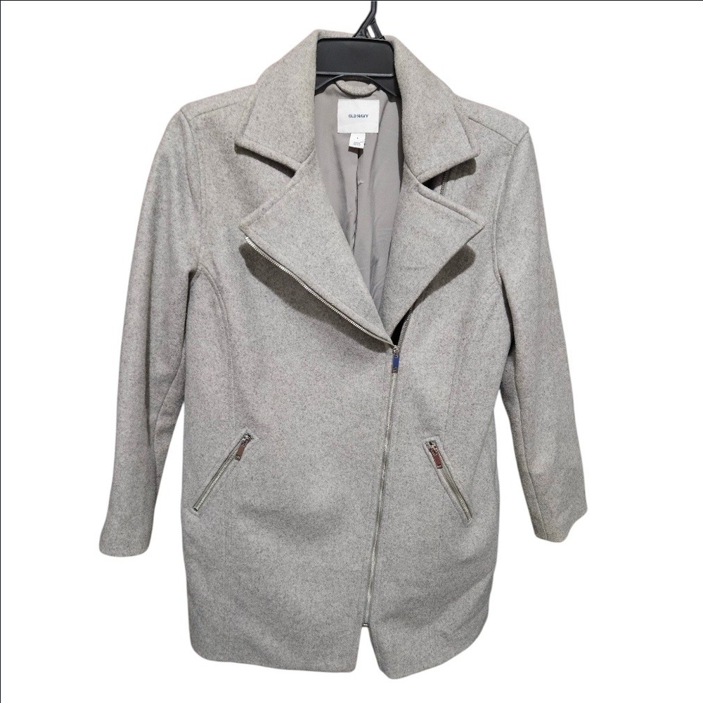 Old Navy Womens Gray Wool Blend Asymmetrical Zip Moto Coat Jacket Large Heather - Picture 3 of 8